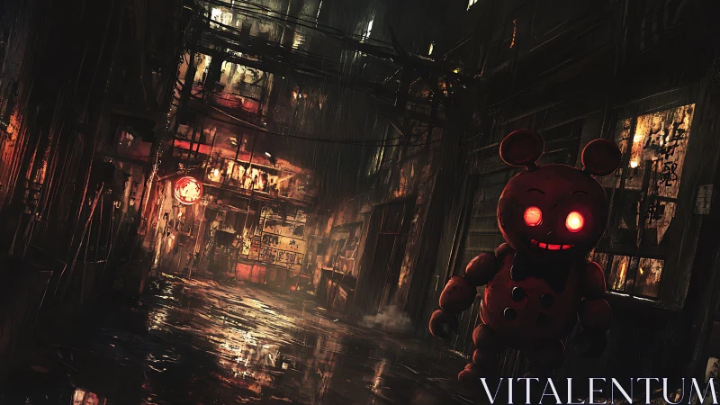 Glowing toy bear waits in a rain-soaked neon back alley