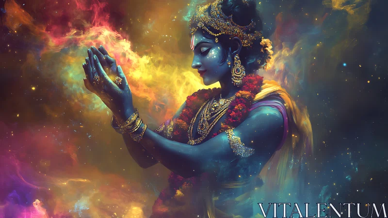 Cosmic blue deity folds galaxies between jeweled hands