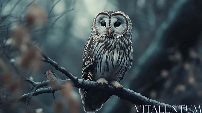 Barred owl perched on branch in moody forest, cinematic style.