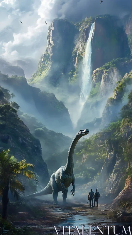 Cinematic digital painting of explorers with sauropod in canyon.