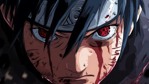 Bloodlit warrior glare with steel headband and haunted eyes.