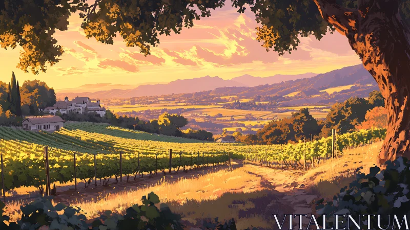 Sunlit hillside vineyard overlooking distant Tuscan valley.