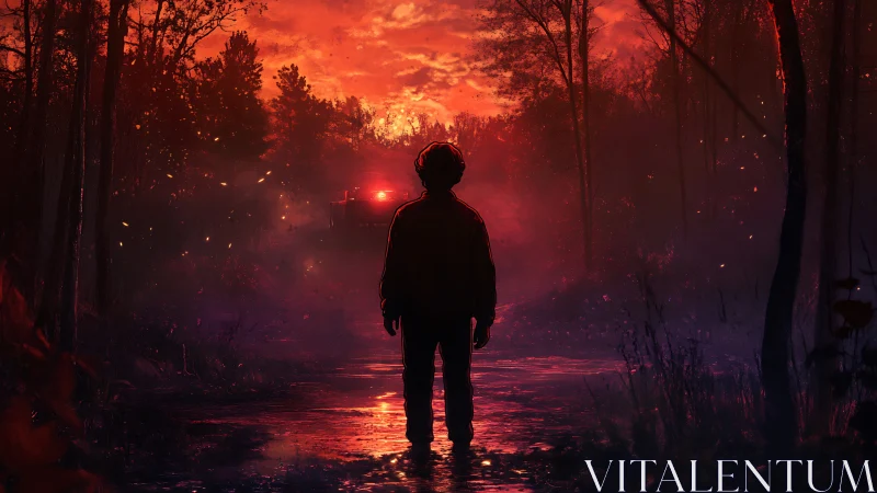 Silhouetted figure in burning red forest corridor at dusk.