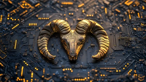 Metallic ram skull is positioned on illuminated circuit board