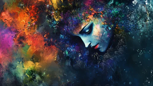 Surreal female profile dissolves into radiant cosmic colors