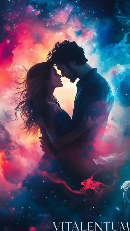 Silhouetted couple within luminous nebular gradient cloud formations and stellar particulates