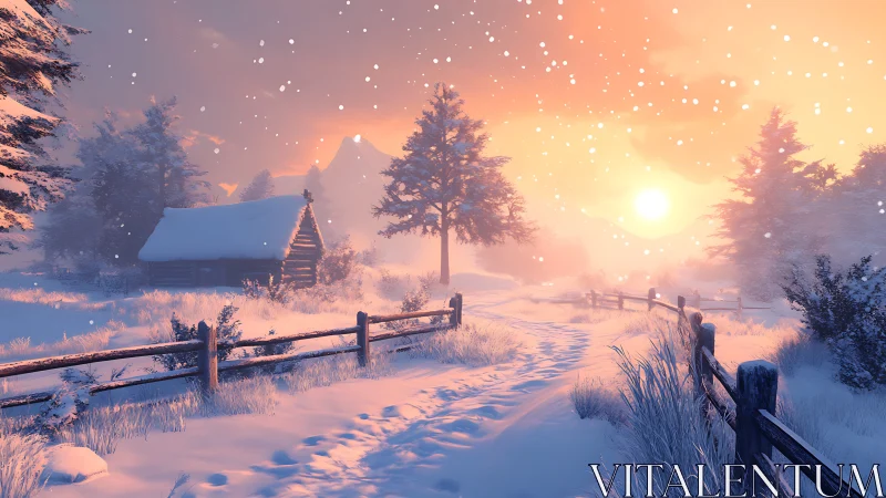 Snow-dusted cabin listens quietly to a sunrise made of embers