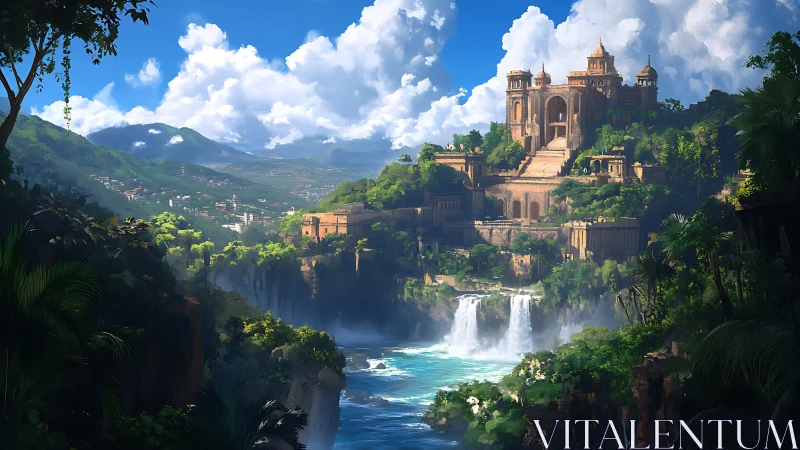 Ancient stone palace rises above jungle cliffs and waterfalls