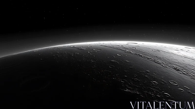 Lunar horizon glows under distant starlight in stark orbit