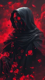 Hooded skeletal figure in red smoke and falling petals.