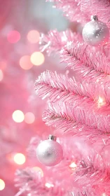 Soft pink Christmas tree with glowing pastel ornaments.