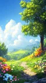 Sunlit hillside path with wildflowers and distant valleys.