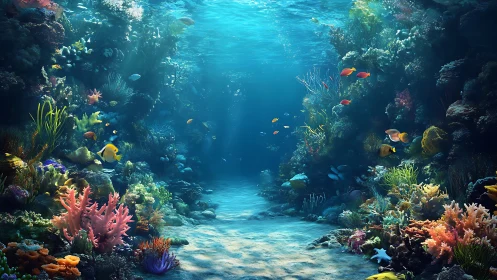 Sunlit coral reef pathway shimmers with gentle ocean life
