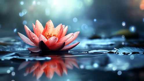 Macro study of dewy pink water lily on reflective ripples