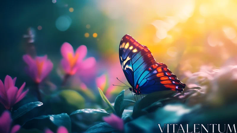 Sunlit butterfly rests gently among glowing garden blooms