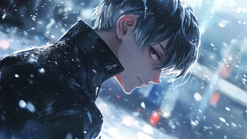 Anime portrait in cinematic winter lighting with dynamic bokeh focus.