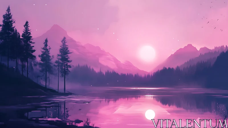 Pink twilight sun over misty mountain lake reflection