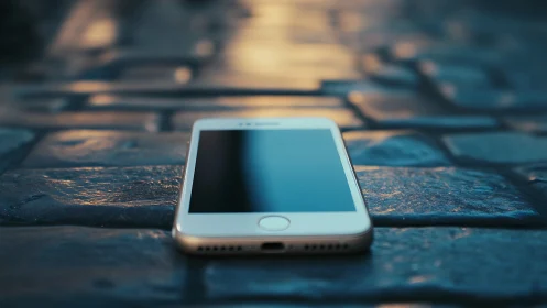 White iPhone Glowing Against Weathered Blue Tiles at Golden Hour