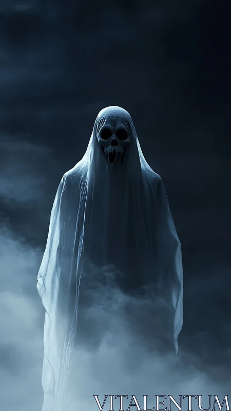 Midnight ghostly figure rises gently from swirling silver fog