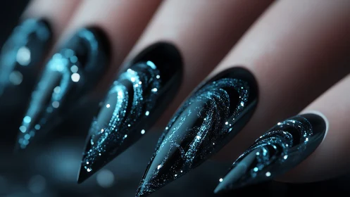 Stiletto galaxy nails shimmer with deep midnight sparkle glow