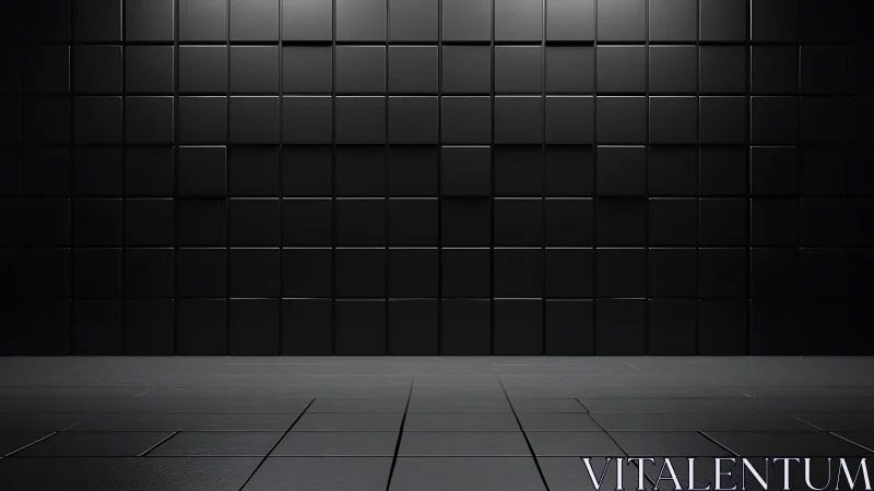 Black tiled cubic wall with glossy floor in empty studio space