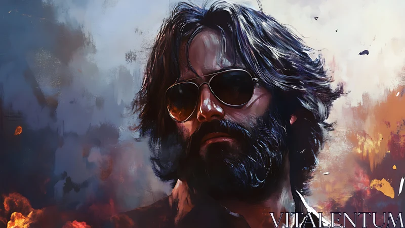 Bearded sunglasses rebel amid blazing abstract smoke.