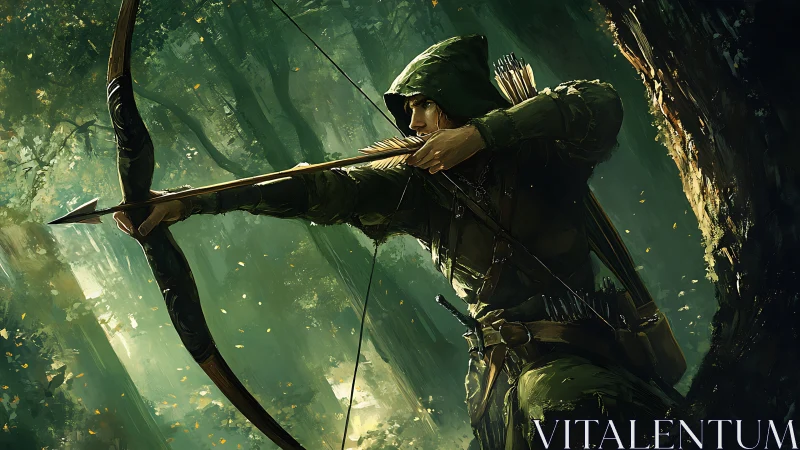 Hooded forest archer draws bow in dappled green light.
