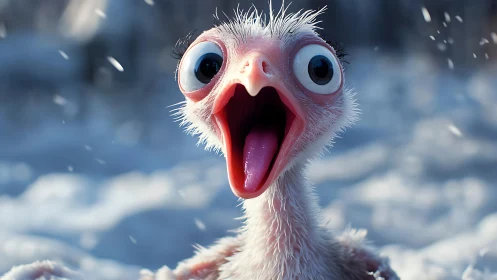 Surprised Cartoon Ostrich Chick in Snowy Environment, Digital Art.