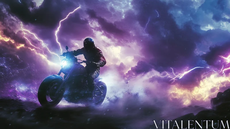 Stormrider motorcycle cuts through neon thundercloud chaos.