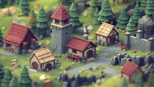 Isometric medieval village with tower and stone fortifications.