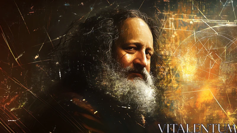 Elder visionary amid swirling golden abstract cosmos.