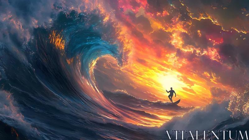 Surfer silhouettes against incandescent storm wave at sunset