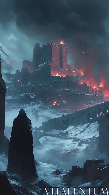 Cloaked figure observing burning fortress in snowy valley.