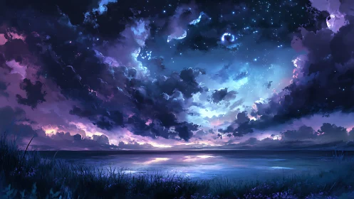 Celestial night seascape under luminous storm clouds.