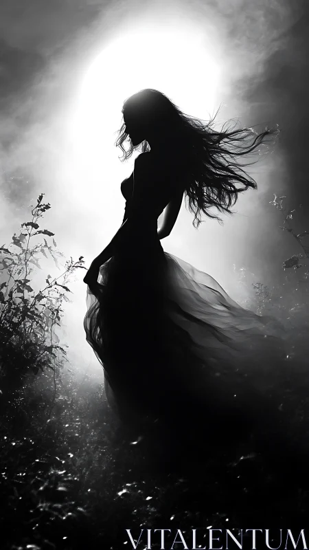 Silhouetted woman in flowing dress before bright moon.