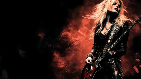 Flame-lit rock goddess shredding guitar in a storm of sound.