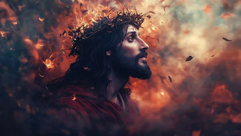 Profile of robed figure with thorn crown in fiery atmosphere