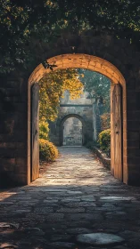 Sunlit stone archway invites a quiet walk into calm gardens