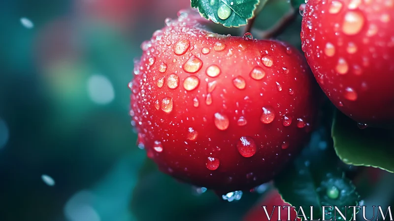 Macro study of dew-covered red apples in cool bokeh field.