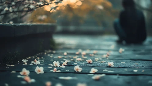 Petals on stone, quiet figure in dusk-tinted solitude.