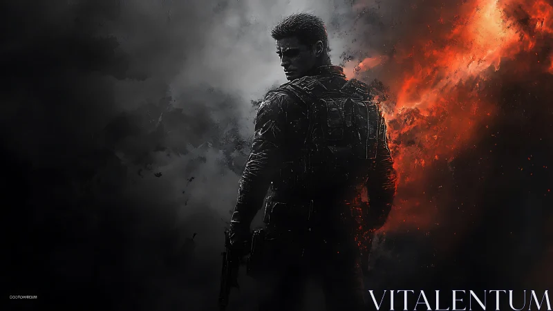 Gunmetal guardian between smoke and fire stands unbroken.