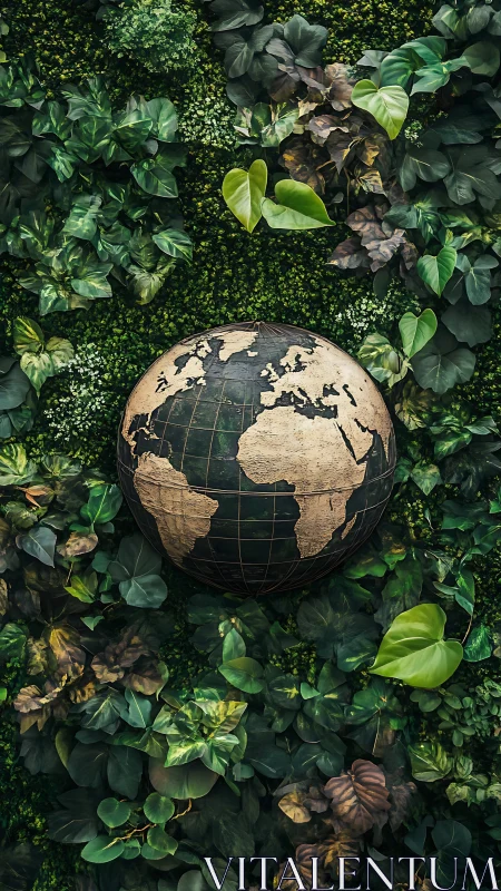 Topographic globe embedded in dense botanical foliage wall.