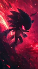 Dark hedgehog character strides through red energy storm