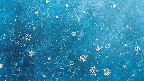Gentle snowflakes resting on icy blue winter glass.