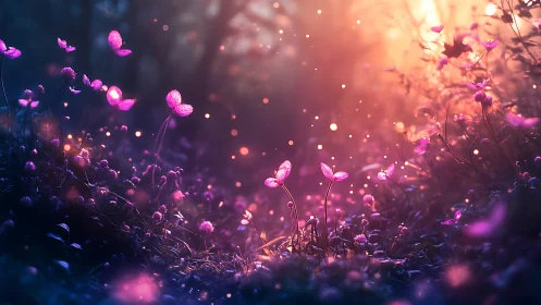 Glowing Pink Flowers in Magical Golden Light.