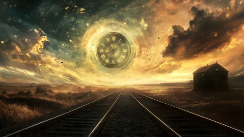 Surreal glowing clock vortex above empty railroad tracks.