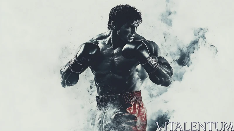 Boxer in Fighting Stance with Dramatic Watercolor Effect.