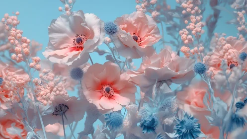 Soft pastel flower field under clear blue sky glow.
