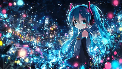 Digital girl with teal twin-tails in neon night cityscape