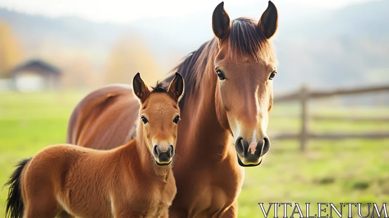 Gentle mare and curious foal sharing a sunny pasture moment.